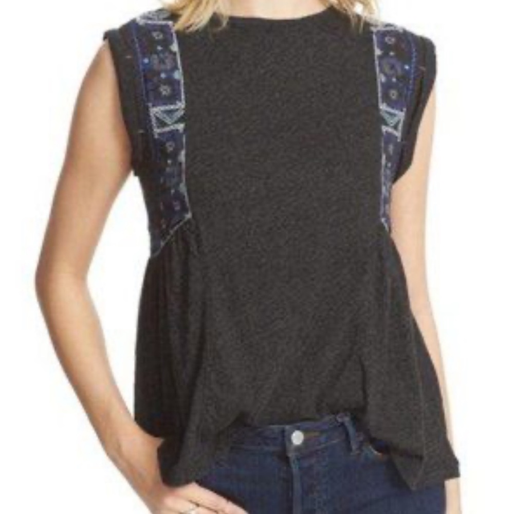 Free People Embroidered Black Sleeveless Top Size XSmall